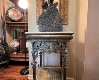 Antique brass and alabaster stand; Siggi Munk eagle sculpture