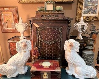 Staffordshire dogs, Oriental inlaid box, antique creamware