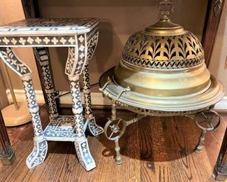 Vintage inlaid Moroccan table; antique Russian brazier