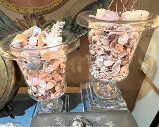 Crystal vases with shells and coral