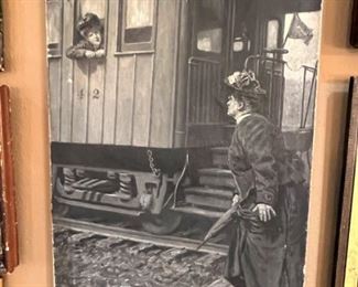Original oil painting in black and white “The Ladies on the Train”
