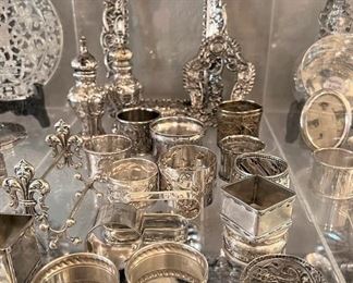 Sterling napkin rings, knife rests, frames, salt & pepper
