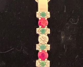 18k white gold diamond, emerald and ruby necklace
