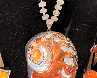 Very large sterling & shell pendant on natural bead necklace