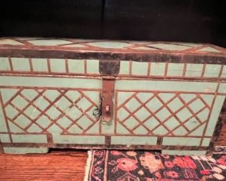Antique wood and iron turquoise trunk