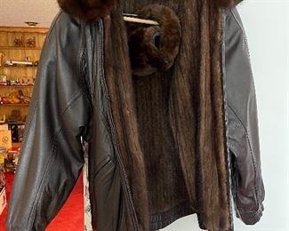 Mink bomber jacket with mink ear muffs