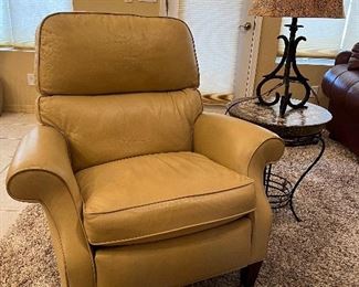 Hancock & Moore Leather Recliner, Side Table, Iron Table Lamp w Textured Shade, Iron Floor Lamp