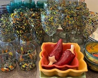 Hand Blown Mexican Confetti Glass w Pitcher , Chantal Dishes Set/3