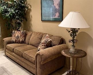 Broyhill Sofa, Large Silk Tree, Side Table, Table Lamp Floral Metal, Art Print