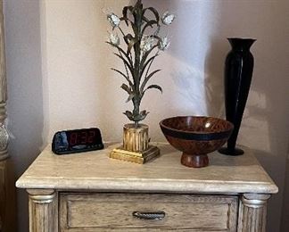 Drexel Heritage Nightstand, Table Lamp w Metal Floral and Marble Base