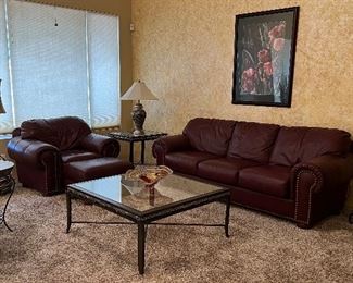 Drexel Heritage Leather Sofa and Arm Chair w Ottoman, Coffee Table, Matching End Table and Sofa Table, Art, Matching Floor Lamp and Table Lamp, Side Table, Table Lamp