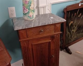 Pair Tall Marble Top Cabinets, Pitcher