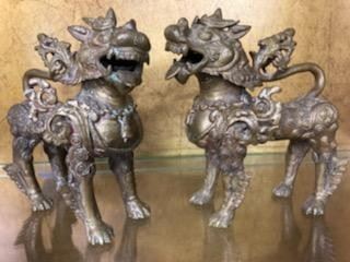 Pair Bronze Tibetan Guard Lions