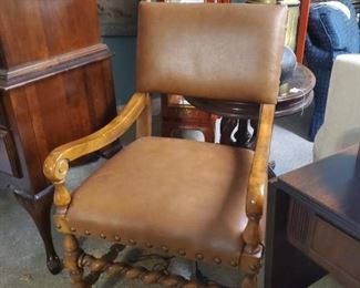 Wood and Leather Barley Footed Arm Chair