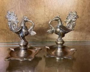 Pair of Antique Peacock 5-Wick Oil Lamp