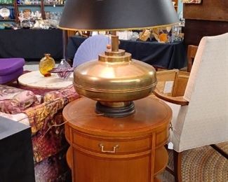 Drum Table and Large Brass Lamp