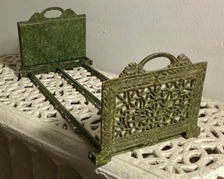 Bradley & Hubbard bronze and slag glass book rack