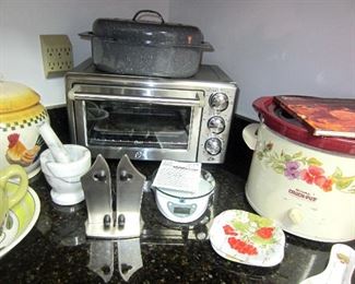 Toaster oven, crock-pot, mortar & pestle, and accessories 