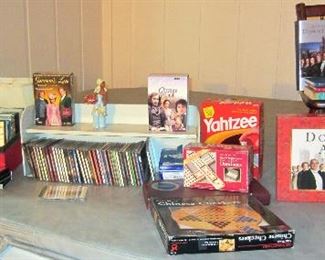 DVD's, CD's, games, & books.  Complete Downtown Abbey DVD set and several Downtown  Abbey books