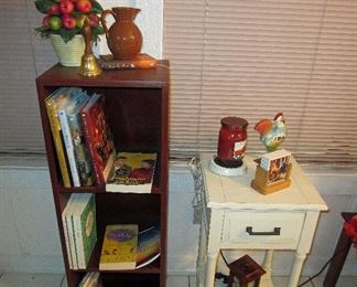 Small table, wood book shelf, books and accessories