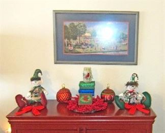 Red two door cabinet and accessories