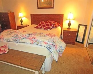 Queen bedroom set: Headboard, mattress set with frame, pair of night stands, double dresser with mirror, and chest
