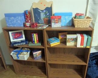 Book shelves, books on Cd, and craft supplies
