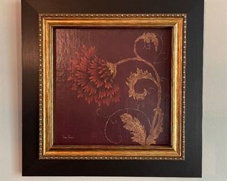 1 of 3 framed floral on burgundy-red background #1,  17"  x 17", was $20, NOW $15