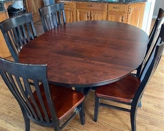 Kitchen table + 5 chairs + 1 leaf(18"W),  54" x 54" x 30", Picture shows table w/leaf), Without leaf, circle table w/ glass protective top,  $499
