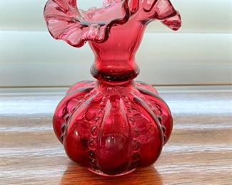 Vintage Fenton pink melon coin dot cranberry glass with ruffled rim ,  $20