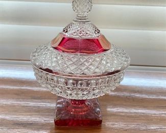 Vintage cranberry and glass lidded candy dish, $14