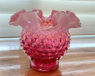 Vintage Fenton Vase Hobnail Opalescent Ruffled Crimp Cranberry Pink Rose Bowl,  $15
