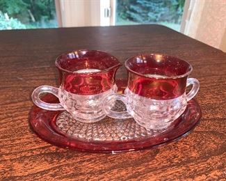 Indiana Glass Ruby Flashed Kings Crown Glass MCM Thumbprint Glass