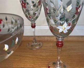 Hand painted Christmas Poinsettia Glasses Wine Glasses Bowl Stemware