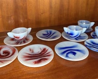 Akro Agate Children’s Tea Set Marbleized Slag Glass 