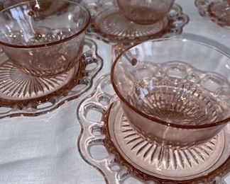 Hocking Glass co Old Colony Lace Edge Pink Depression Glass Cup Saucer 