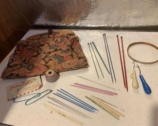 Knitting Needles and Tapestry Bag, Rug Hooks, Embroidery Circle