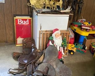 WE HAVE 4 WONDERFUL HORSE SADDLES ONLY NEEDS SOME SADDLE SOAP AND A HOME ; THEY ALL ARE VERY GOOD SHAPE EXCEPT CLEANING AND SADDLE SOAP .