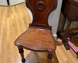 $380. One of a pair of antique chairs 17.5 inches wide by 15 inches deep by 35 inches high. Measurement to the seat height is 17 inches