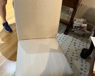 $620.  10 custom parsons style chairs in fabulous condition. 18 inches wide by 20 inches deep by 38 inches high seat height is 19 inches.