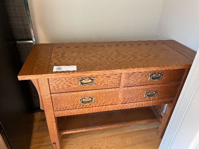 $120. Mission style false fronted chest, top lifts up to reveal storage.  Current owner used for files but many things come to mind.   Terrific piece measures 42 inches wide by 30 inches high by 17 inches deep.