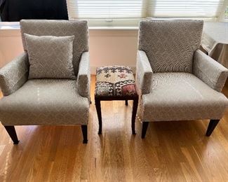 $390. Pair of custom armchairs, beautifully upholstered.  Each chair is 27 1/2 inches wide by 34 1/2 inches high by 28 1/2 inches deep.