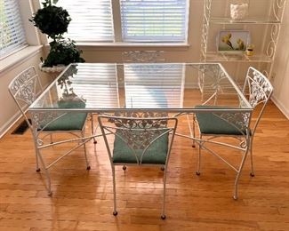 Vtg. Wrought iron table w/glass top and 6 chairs - 2 w/arms and 4 side chairs