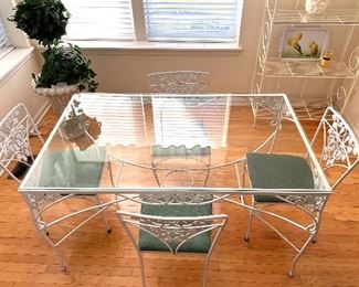 Vtg. Wrought iron table w/glass top and 6 chairs - 2 w/arms and 4 side chairs