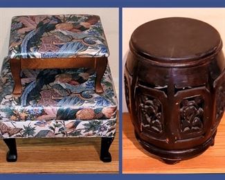 2 Footstools Covered in Same Upholstery as the Wing Back Chairs and Carved Wooden Garden Bench 