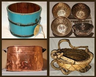 Blue Bucket,  Brass Bowls with Faces, Huge Copper Bin and Unique Basket 