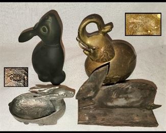 Solid and Heavy Bunny, Saks Fifth Avenue Elephant Box, Marked Little Deer Dish and Primitive Rabbit