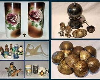 Hand Painted Vases,  Egg Coddler, Pill Boxes and Lots of Brass Bowls 