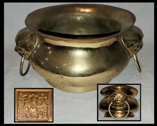 Heavy Solid Brass Pot with Handles Marked
