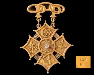 14K Gold Past President Rebecka Lodge Odd Fellows Medal/Brooch 